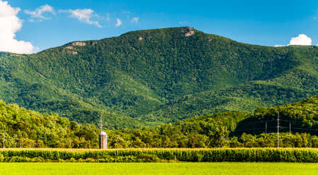 Farm fields and view of the Blue Ridge Mountains in the Shenandoah Valley, Virginia.の写真素材