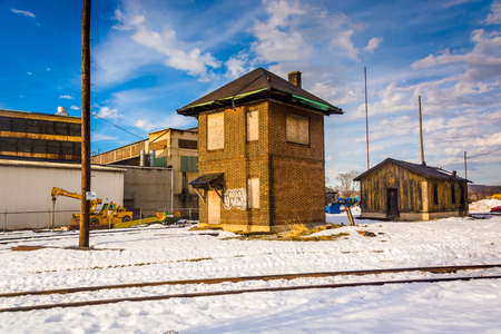 Railroad track and old buildings in York, Pennsylvania.の写真素材