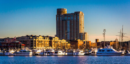 Apartment building and marina at the Inner Harbor in Baltimore, Maryland.のeditorial素材