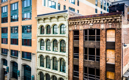 Old buildings seen from a parking garage in Baltimore, Maryland.