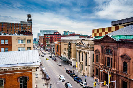 View of Eutaw Street from a parking garage in Baltimore, Maryland.のeditorial素材