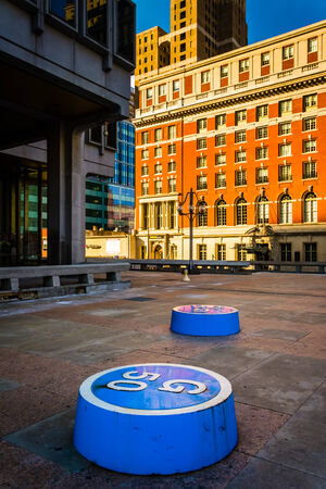 Art installation at the Municipal Services Building and evening light on buildings on Arch Street, in Philadelphia, Pennsylvania.のeditorial素材