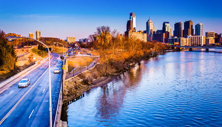 View of the Benjamin Franklin Parkway and skyline in Philadelphia, Pennsylvania.のeditorial素材