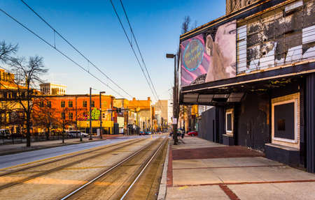 Abandoned movie theater and railroad tracks along Paca Street in Baltimore, Maryland.のeditorial素材