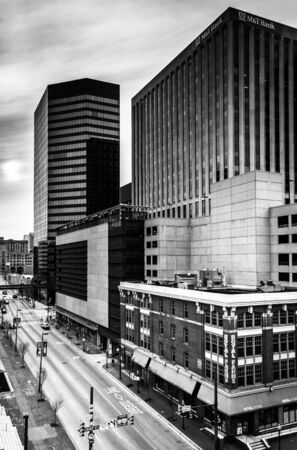 Buildings along Lombard Street, seen from a parking garage in Baltimore, Maryland.のeditorial素材