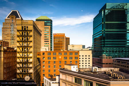 Cluster of highrises seen from a parking garage in downtown Baltimore, Maryland.のeditorial素材