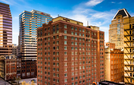 Cluster of highrises seen from a parking garage in downtown Baltimore, Maryland.のeditorial素材