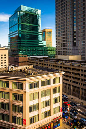 Cluster of highrises seen from a parking garage in downtown Baltimore, Maryland.のeditorial素材