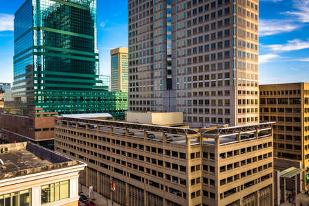 Cluster of highrises seen from a parking garage in downtown Baltimore, Maryland.のeditorial素材