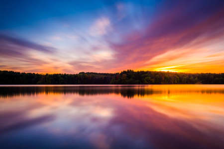 Long exposure at sunset at Long Arm Reservoir, Pennsylvania.の写真素材