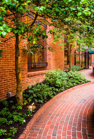 Garden along a brick walkway in downtown Lancaster, Pennsylvania.の写真素材