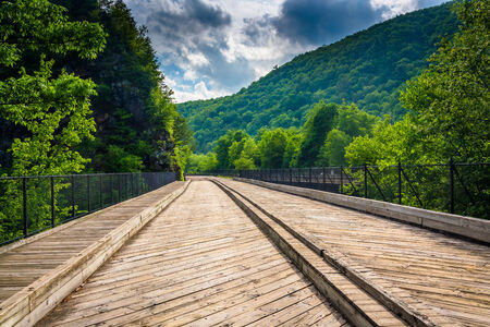 Bridge and mountains in Lehigh Gorge State Park, Pennsylvania.の写真素材