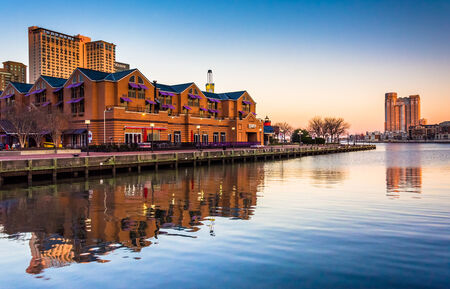 Evening light on buildings at the Inner Harbor, Baltimore, Maryland.のeditorial素材