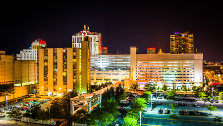 View of buildings at night from the Showboat Parking Garage in Atlantic City, New Jersey.のeditorial素材