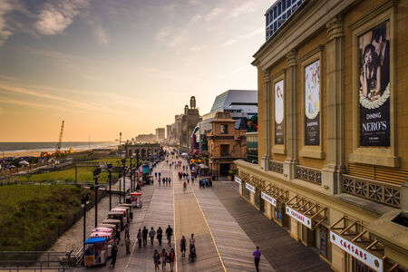 View of the boardwalk at sunset, in Atlantic City, New Jersey.のeditorial素材