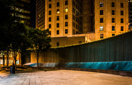 Fountains and buildings at night at Woodruff Park in downtown Atlanta, Georgia.の写真素材