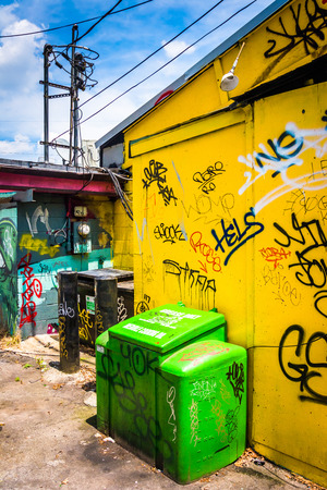 Graffiti tags on the wall of a buildings in Little Five Points, Atlanta, Georgia.のeditorial素材
