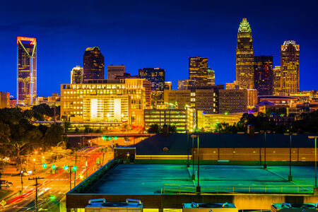 View of the Charlotte skyline at night, North Carolina.の写真素材
