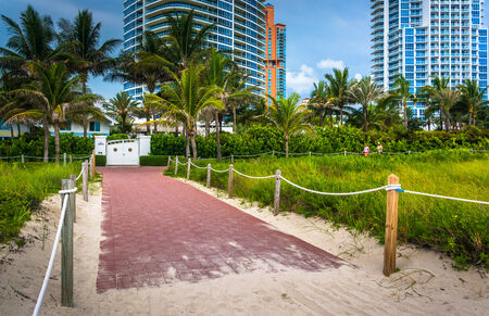 Path to the beach and skyscrapers in Miami Beach, Florida.のeditorial素材