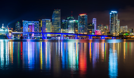 The Miami Skyline at night, seen from Watson Island, Miami, Florida.のeditorial素材