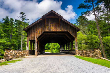 The covered bridge above High Falls, in Dupont State Forest, North Carolina.の写真素材