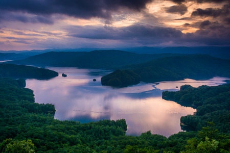 View of Lake Jocassee at sunset, from Jumping Off Rock, North Carolina.の写真素材