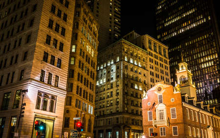 Buildings at the intersection of State Street and Congress Street at night in Boston, Massachusetts.のeditorial素材