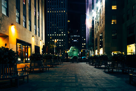 Courtyard along 51st Street in Rockefeller Center at night, in Midtown Manhattan, New York.の写真素材