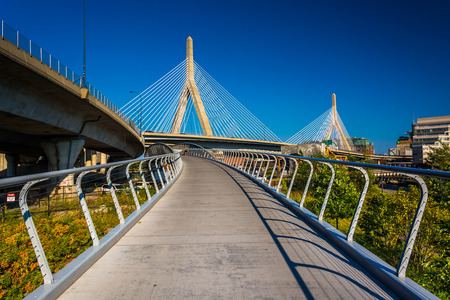 The Leonard P. Zakim Bunker Hill Memorial Bridge and a walkway in Boston, Massachusetts.のeditorial素材