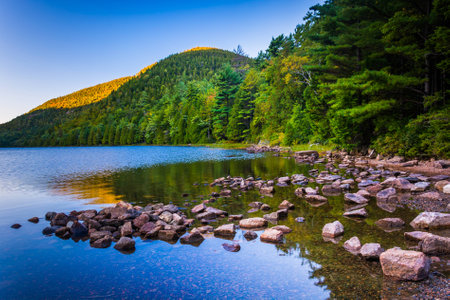 Morning reflections at Bubble Pond, in Acadia National Park, Maine.の写真素材