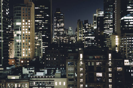 View of buildings in the Turtle Bay neighborhood at night, from a rooftop on 51st Street in Midtown Manhattan, New York.の写真素材