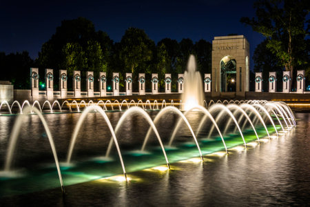 The National World War II Memorial Fountains at night at the National Mall in Washington, DC.のeditorial素材