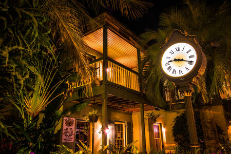 Shop and clock surrounded by palm trees and foliage at night, in St. Augustine.のeditorial素材