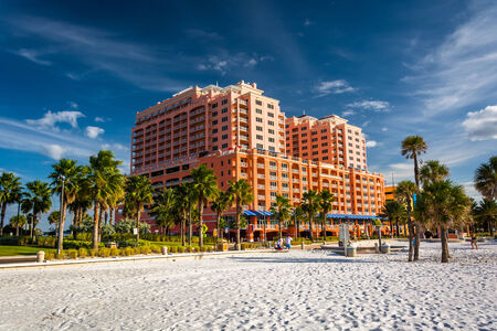 Large hotel and palm trees on the beach in Clearwater Beach, Florida.のeditorial素材