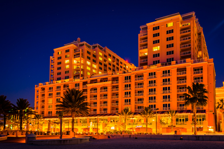 Large hotel at night in Clearwater Beach, Florida.のeditorial素材