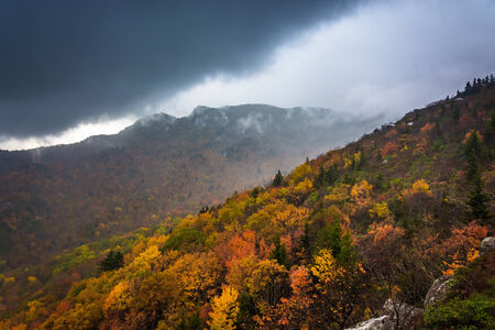 Autumn color and view of Grandfather Mountain from Rough Ridge, on the Blue Ridge Parkway, North Carolina.の写真素材
