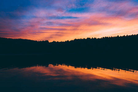 Sunset over Long Arm Reservoir, near Hanover, Pennsylvania.の写真素材