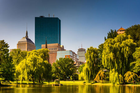 Pond at the Public Garden and buildings in Boston, Massachusetts.のeditorial素材