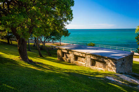 Old building and view of the Gulf of Mexico in Marathon, Florida.の写真素材