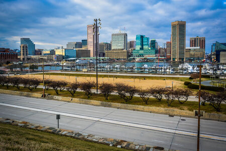 View of the Baltimore Inner Harbor and Skyline from Federal Hill, Baltimore, Maryland.のeditorial素材