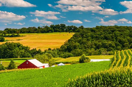 Farm fields and rolling hills in rural York County, Pennsylvania.の写真素材