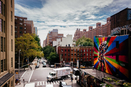 NEW YORK CITY - SEPTEMBER 3: Murals and buildings on 25th Street in Chelsea seen from The High Line...