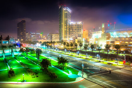 View of Harbor Drive and skyscrapers at night, in San Diego, California.の写真素材