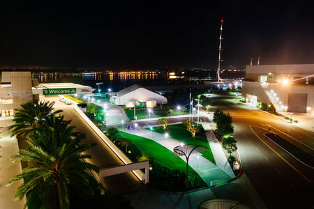 View of the waterfront at night, in San Diego, California.