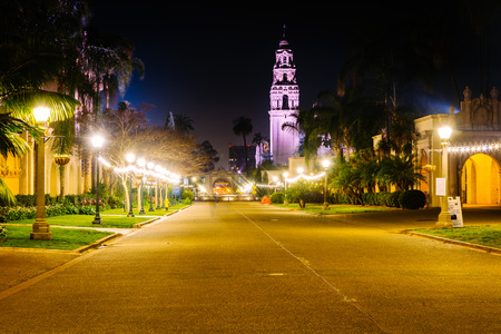 El Prado at night, in Balboa Park, San Diego, California.の写真素材