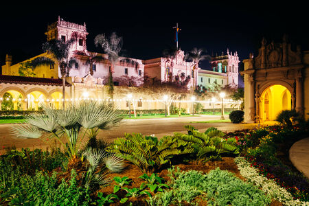 Garden and the Prado Restaurant at night, in Balboa Park, San Diego, California.の写真素材