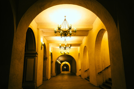 Hallway at night, in Balboa Park, San Diego, California.のeditorial素材