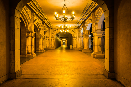 Hallway at night, in Balboa Park, San Diego, California.のeditorial素材