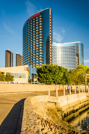 Hotels and waterfront promenade at the Embarcadero in San Diego, California.のeditorial素材