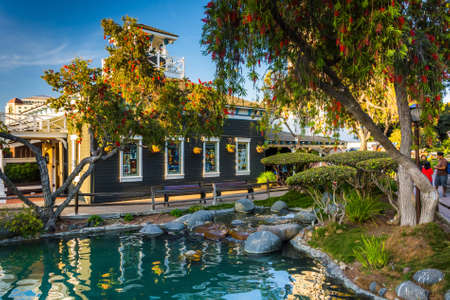 Pond and buildings at Seaport Village, in San Diego, California.のeditorial素材